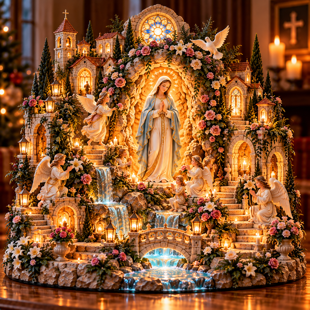 🌹🙏 Virgin Mary Prayer Sanctuary – Lighted Faith & Grace Display