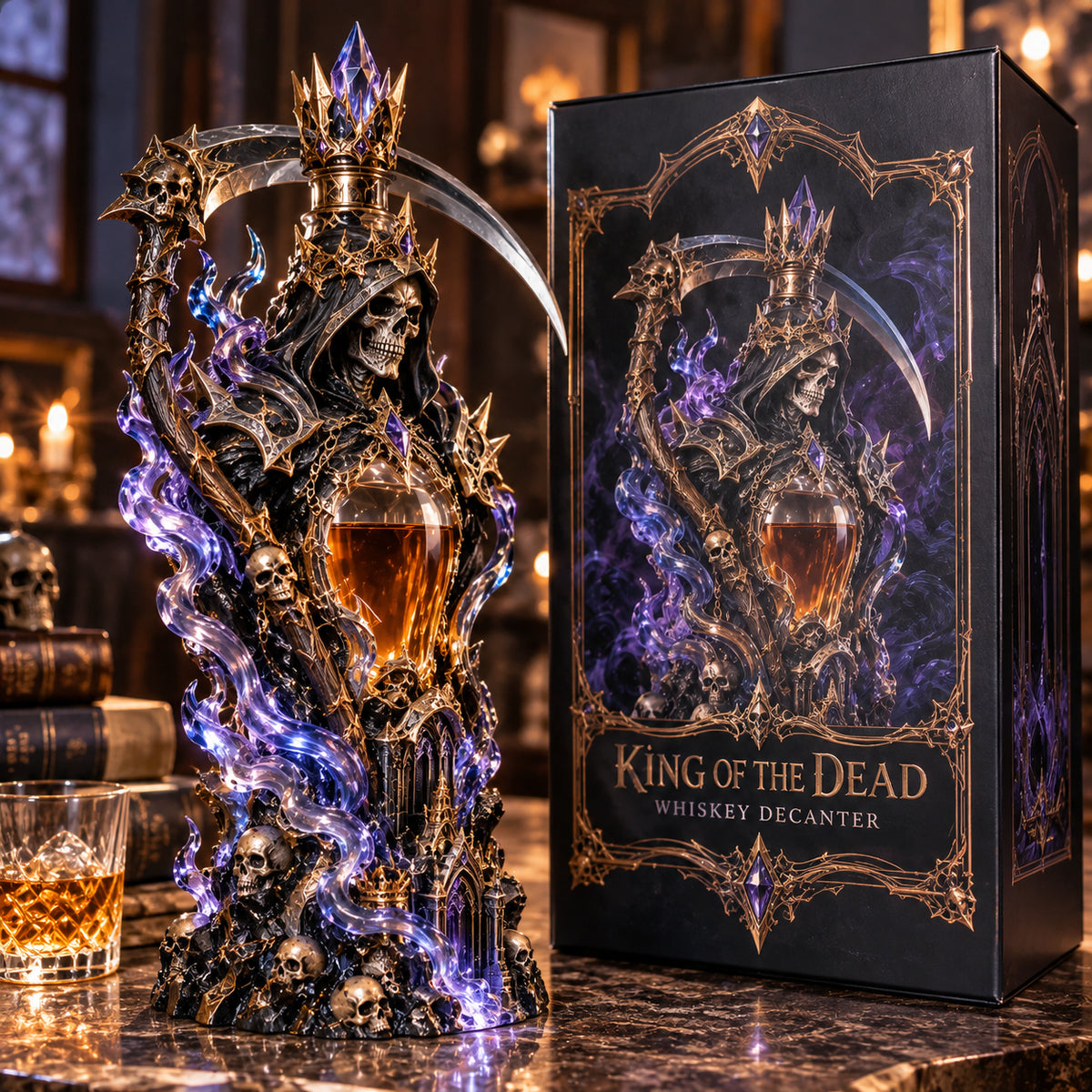 👑💀 Reaper’s Throne Whiskey Decanter – Gothic Skull & Scythe Bar Display