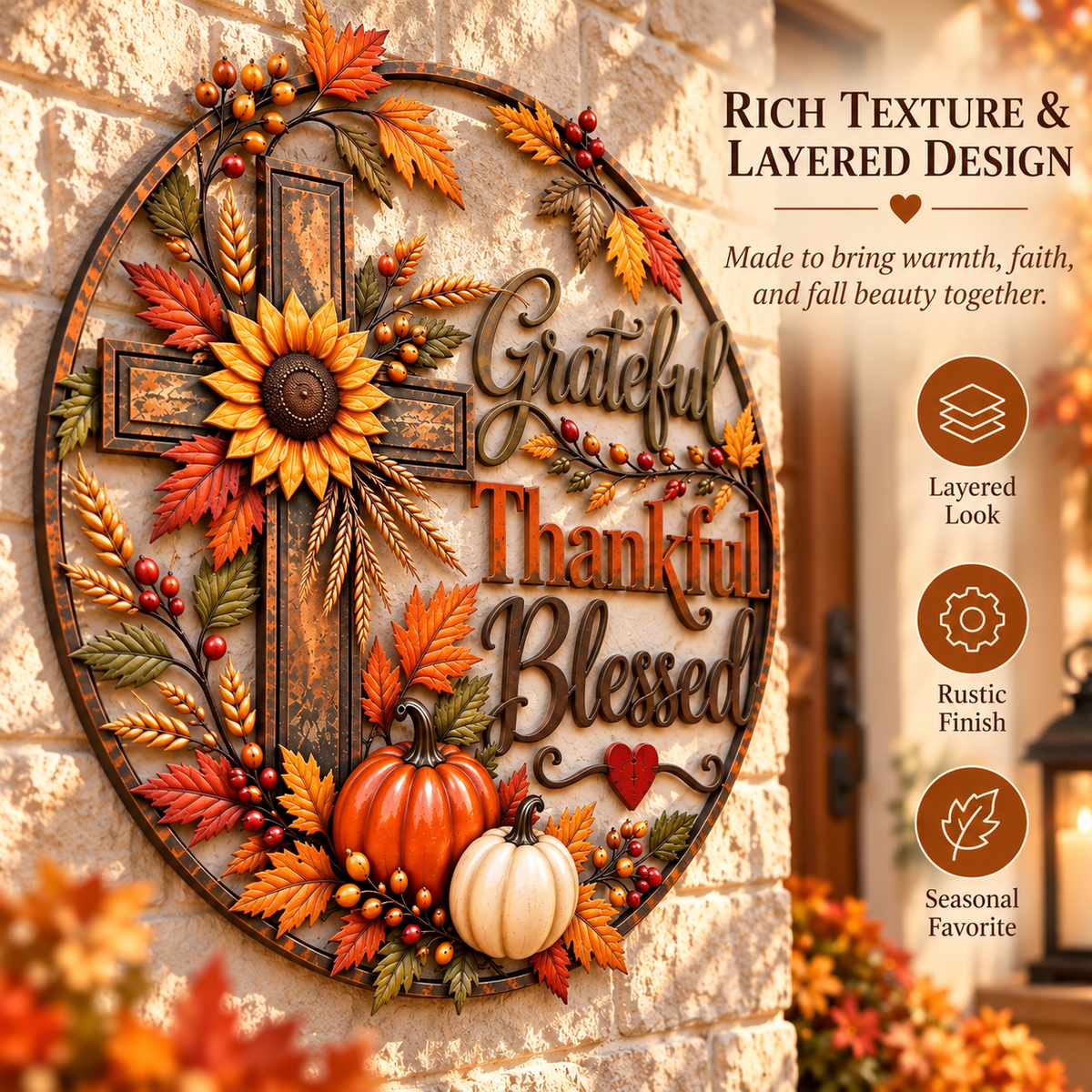 🍂🙏 Grateful, Thankful & Blessed™ | Rustic Fall Faith Wall Décor for Porch & Home ✝️🌻