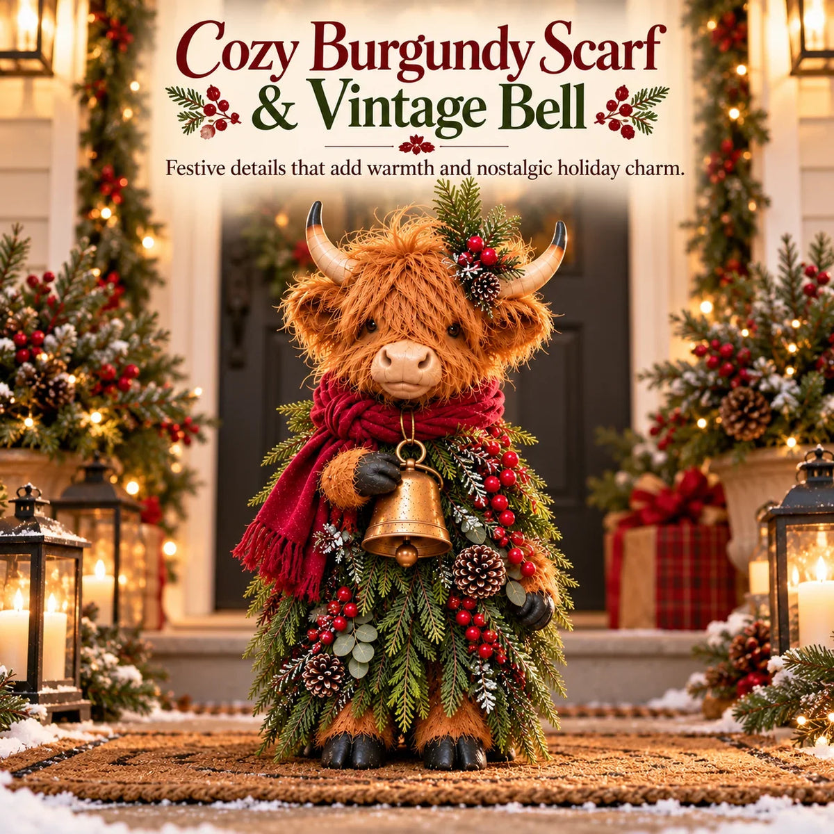 🐮🎄 Highland Christmas Bell Cow | Rustic Farmhouse Figurine