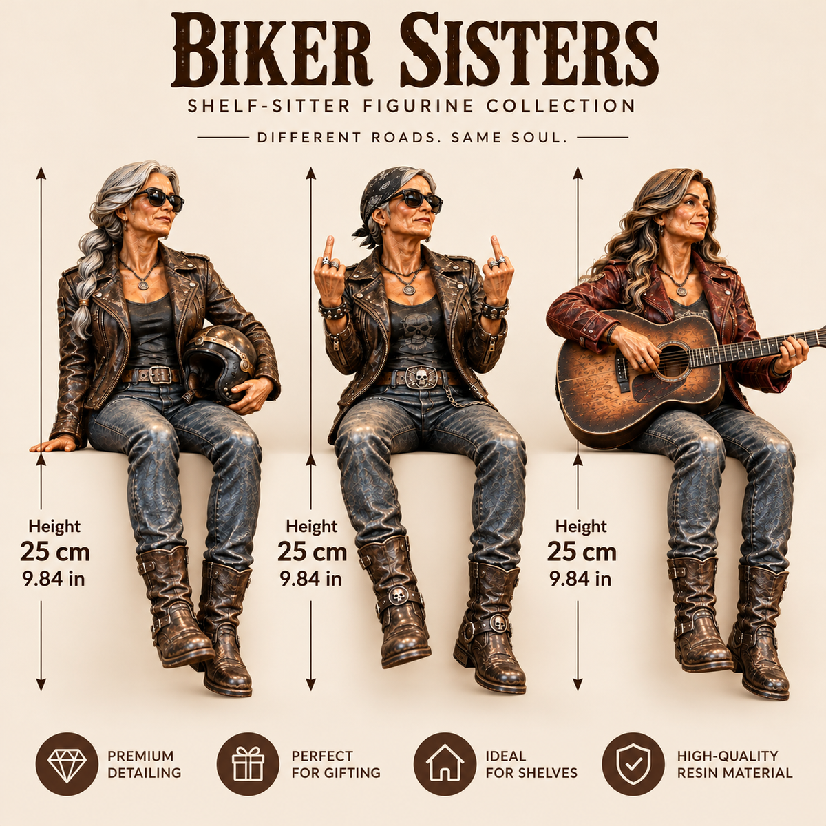 🏍️ She Rides Her Own Road | Old Biker Soul Shelf Sitter Collection