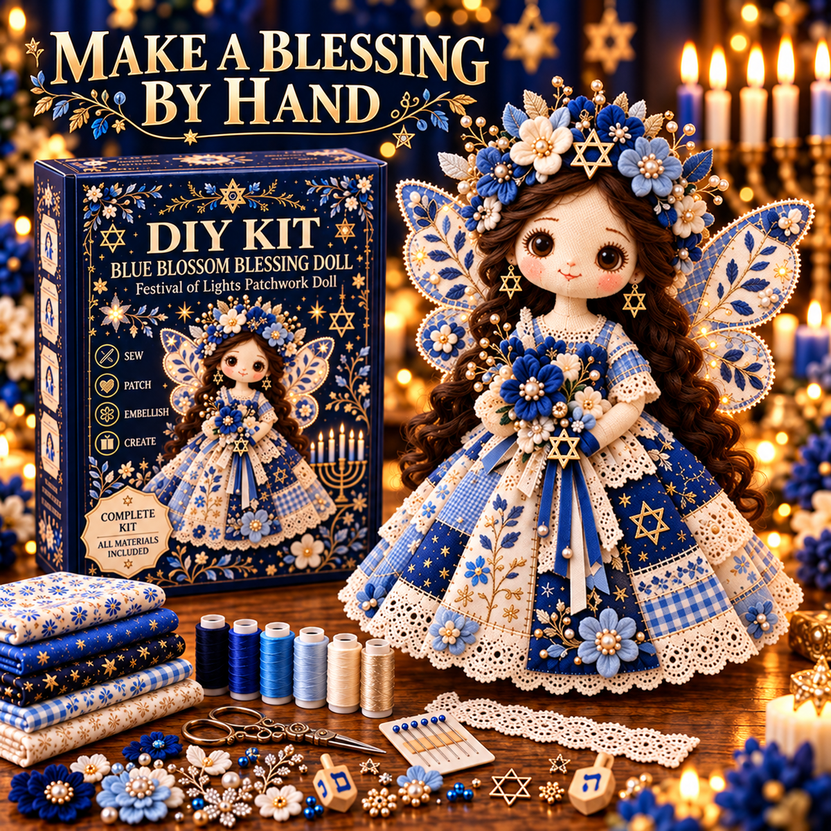 🕎🧵 Festival of Lights Friends™ | Hanukkah Patchwork Doll DIY Kit – 3 Designs