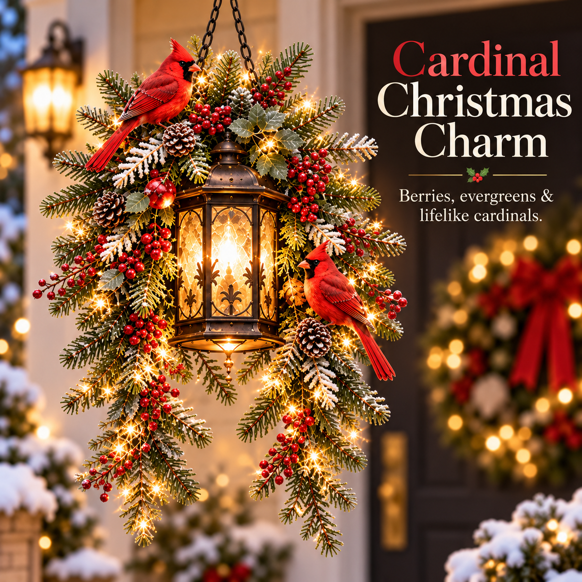 Cardinal Hearth Glow™ – Pre-Lit Cardinal Lantern & Evergreen Christmas Porch Decor