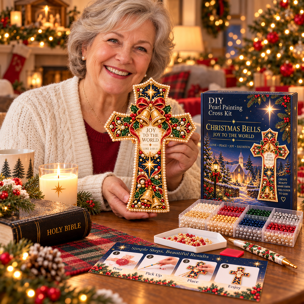 ✝️💎Christmas Scripture Cross DIY Kit – Pearl Art Faith Keepsake