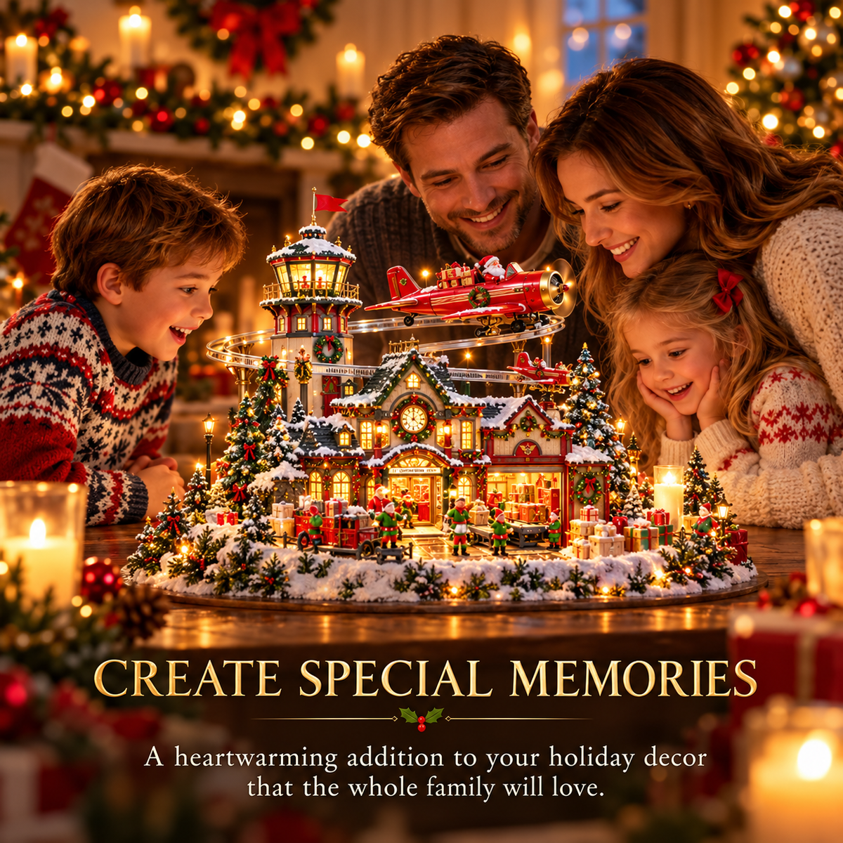 ✈️ North Pole Air Mail Village™ – Lighted Christmas Airport with Santa's Plane, Elf Workshop & Gift Depot