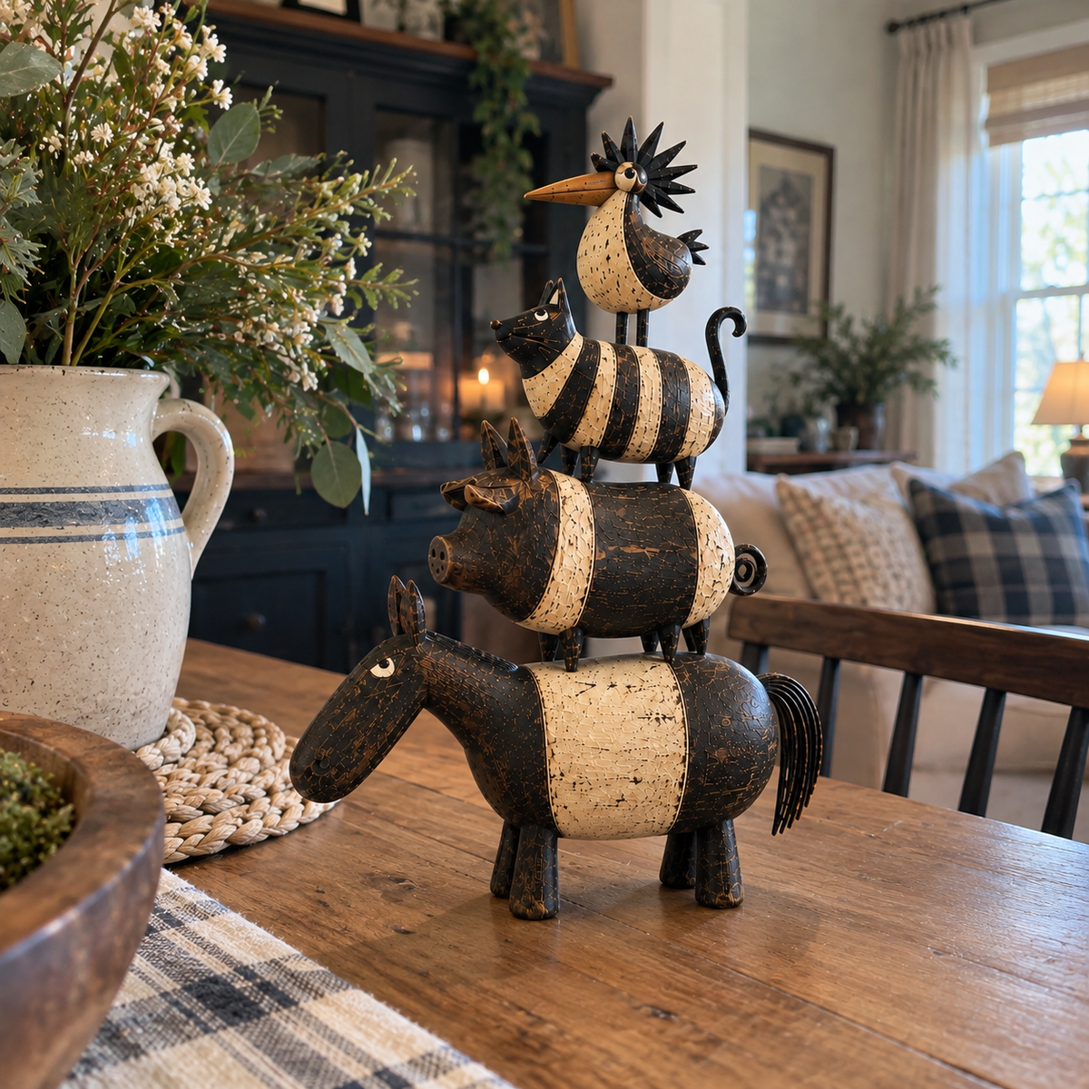 🐴🐷🐱🐓 Four Friends Rustic Farmhouse Animal Stack Statue