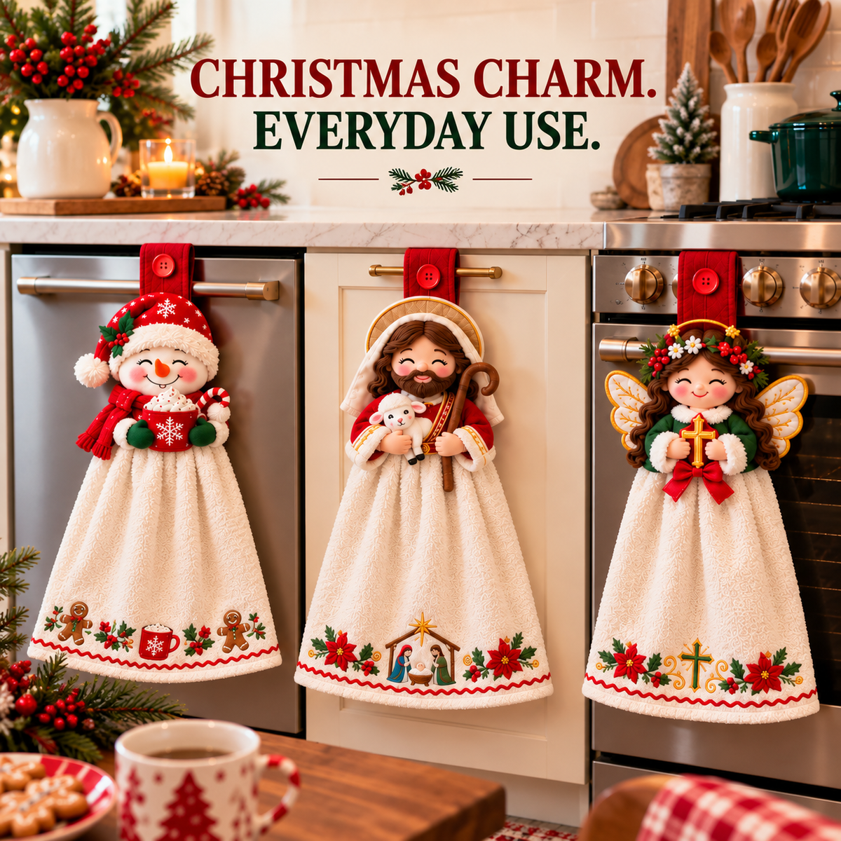 🎄 Christmas Joy – 3D Character Hanging Hand Towels for Kitchen & Bathroom