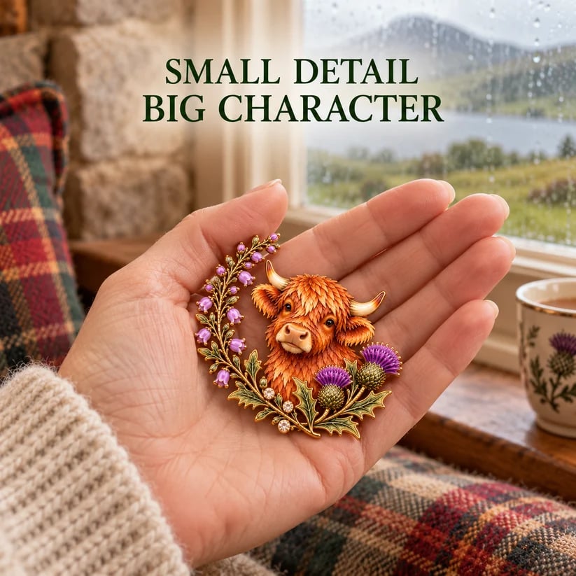 🏴🐮 Highland Heart™ | Scottish Cow, Thistle & Heather Heritage Brooch