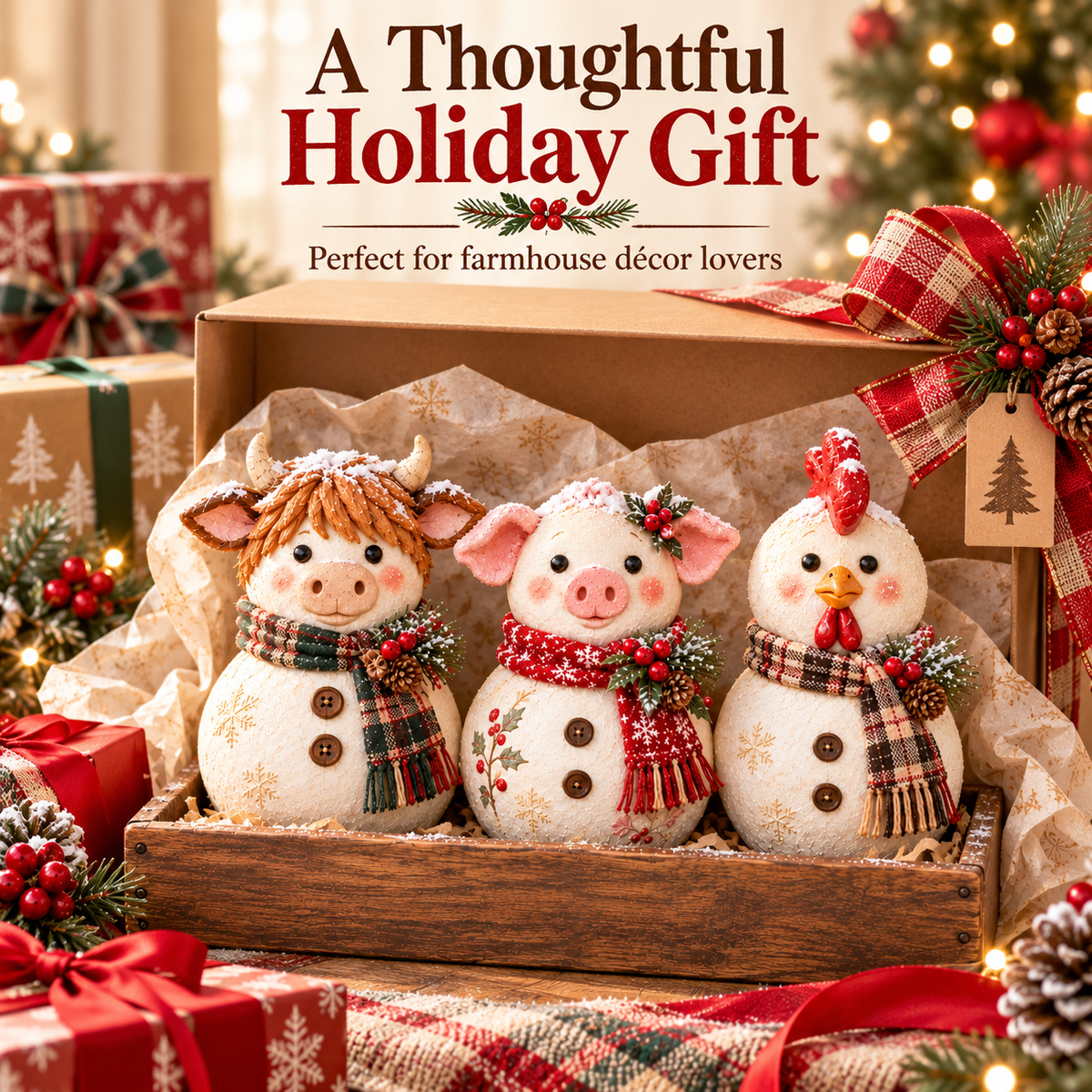 🐮🐷🐔 Snowy Barnyard Trio | Rustic Christmas Farm Decor 🎄