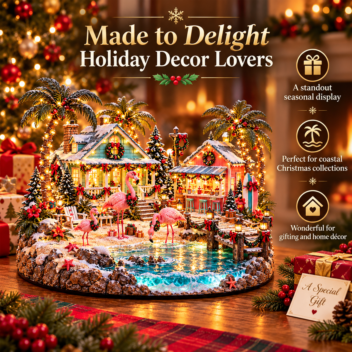 🎄🦩 Pink Flamingo Christmas Village – Lighted Coastal Holiday Scene