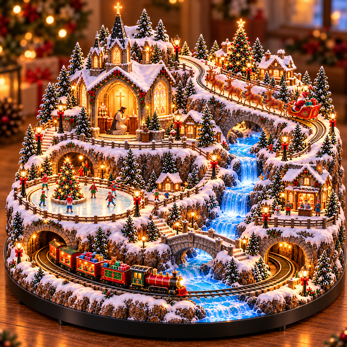 🦌🚂 Christmas in Motion | Lighted Village with Train, Sleigh & Waterfall