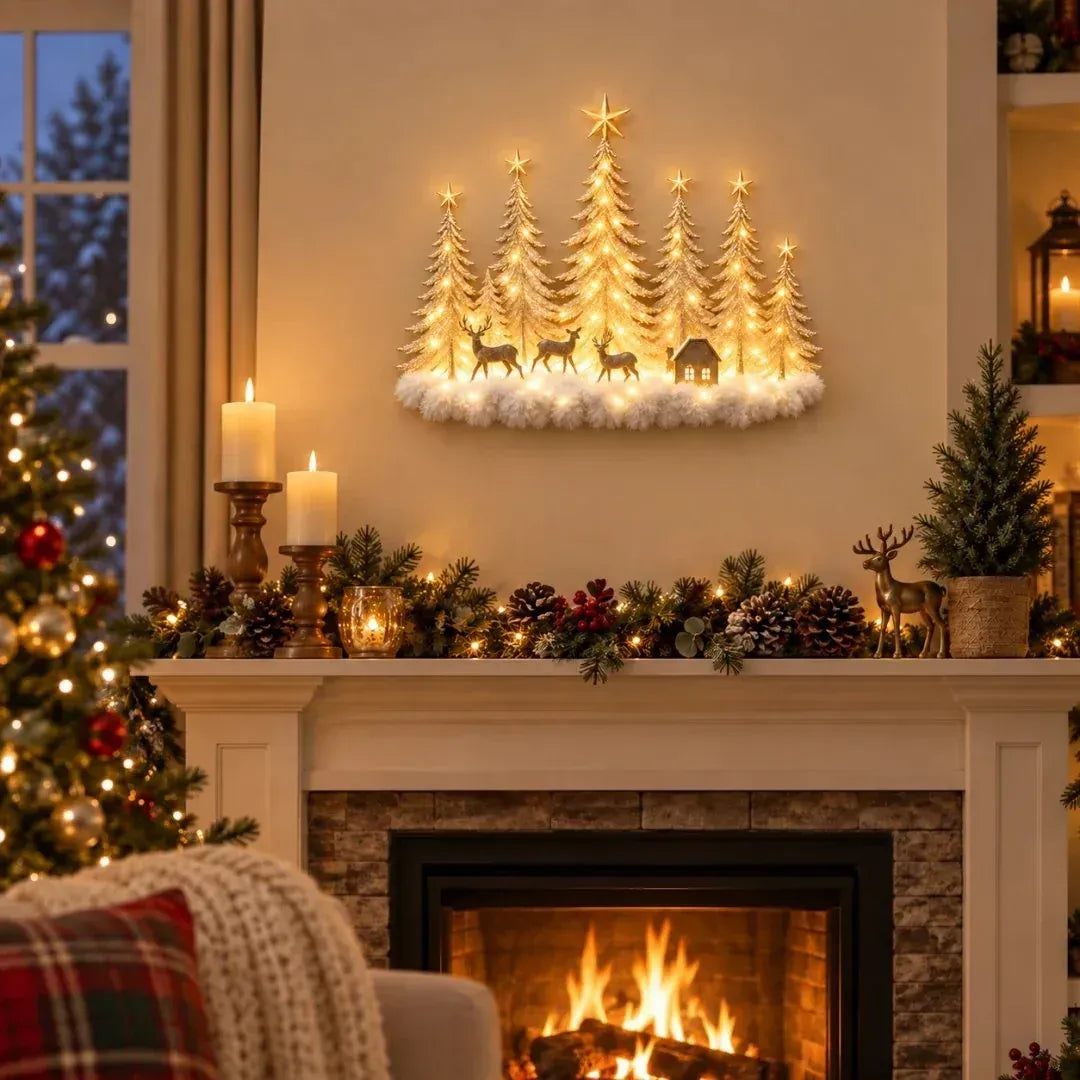 🎄🌲 Enchanted Christmas Woodland Glow ✨ Lighted Forest & Deer Wall Decor