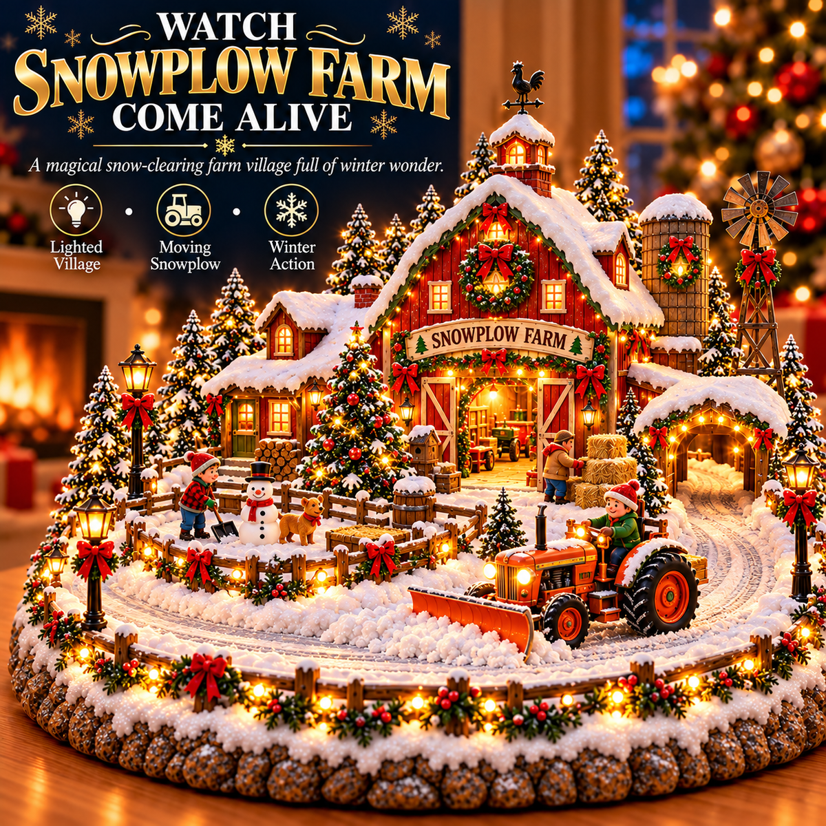 🚜❄️ Christmas Snowplow Farm Village™ – Animated Lighted Winter Barn Scene