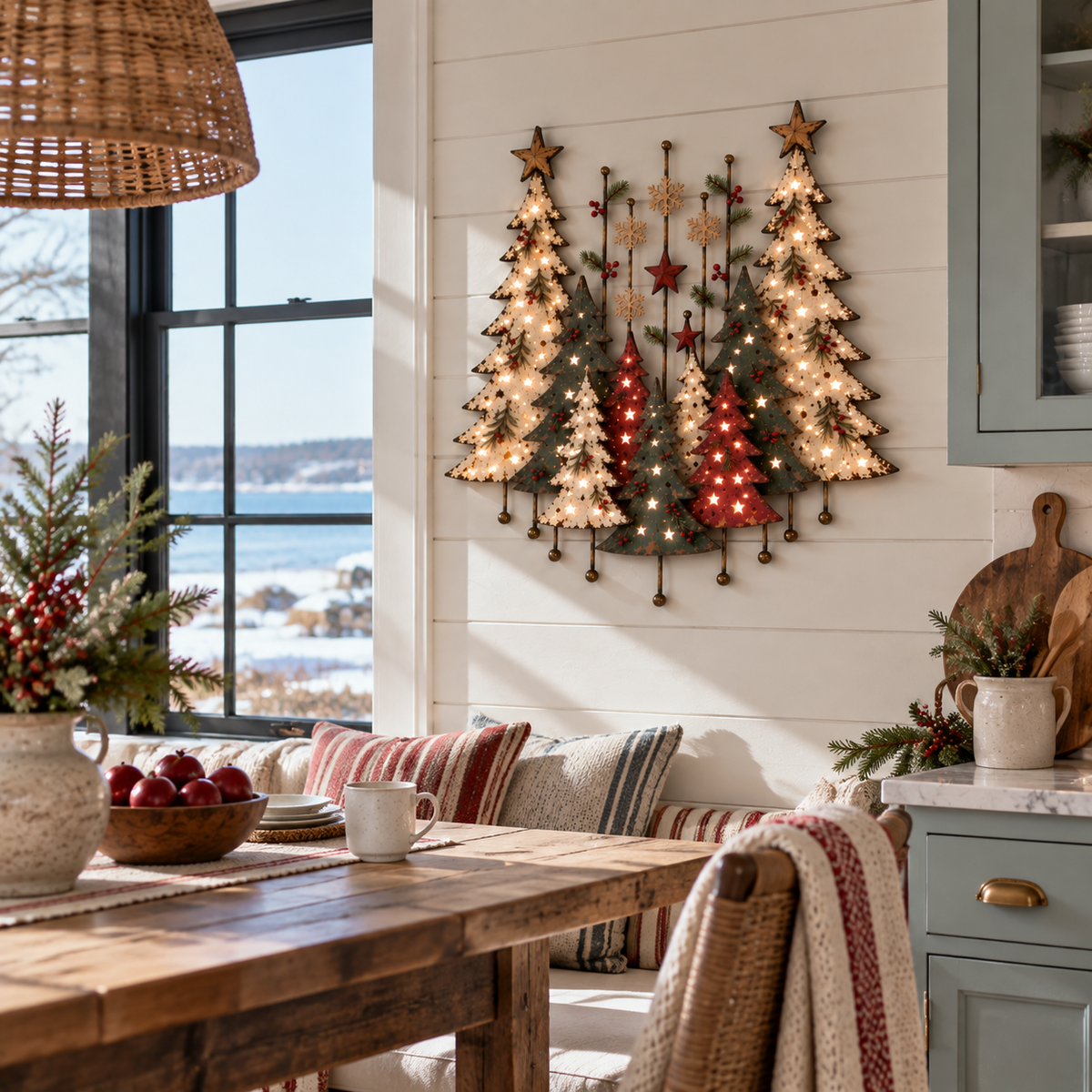 Layered Christmas forest wall decor details