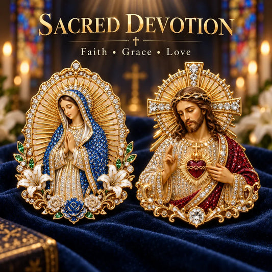 ✝️  Jesus & Mary Sacred Devotion Pin | Gold-Tone Crystal Christian Brooch ❤️