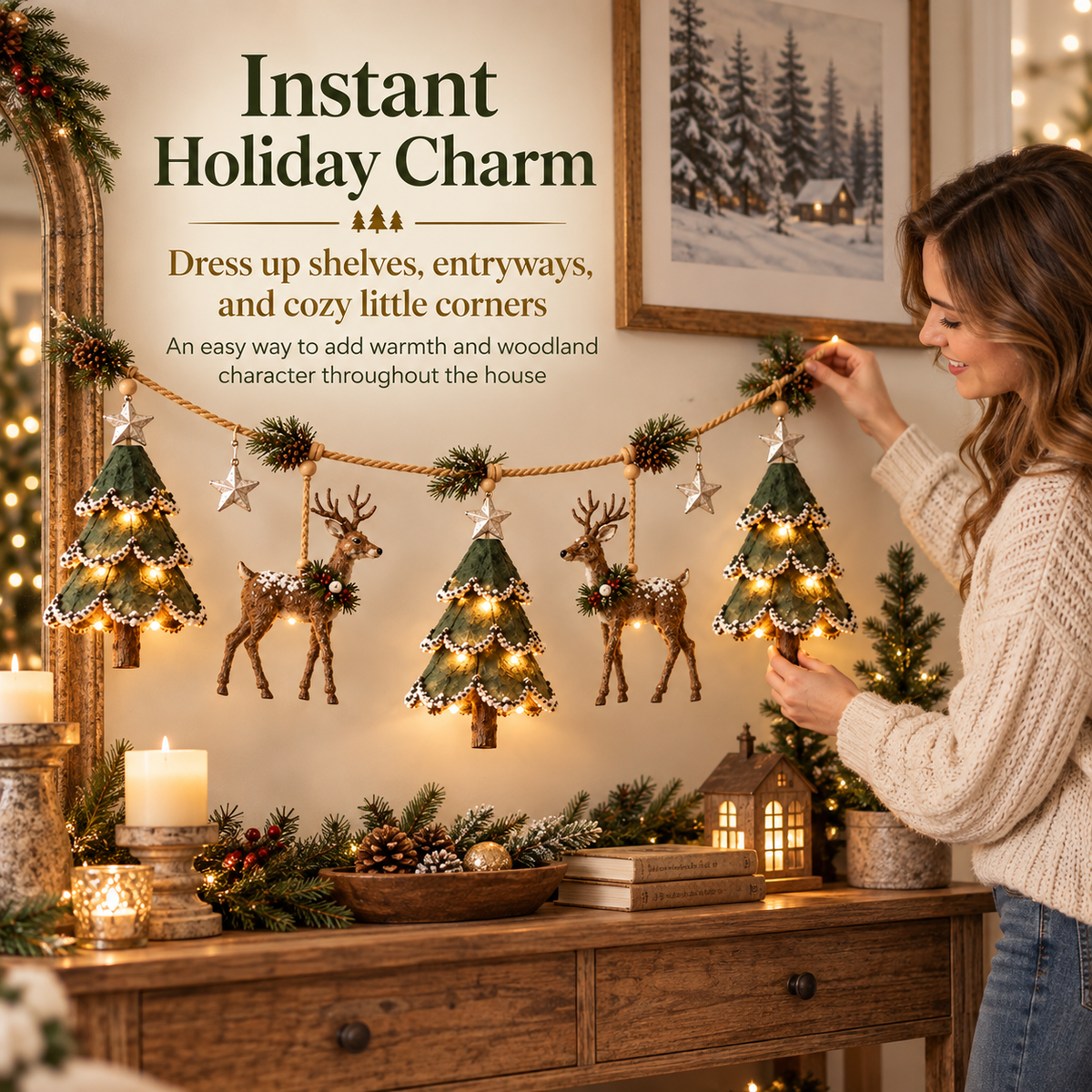 🦌✨ Woodland Deer Glow™ | Lighted Christmas Garland
