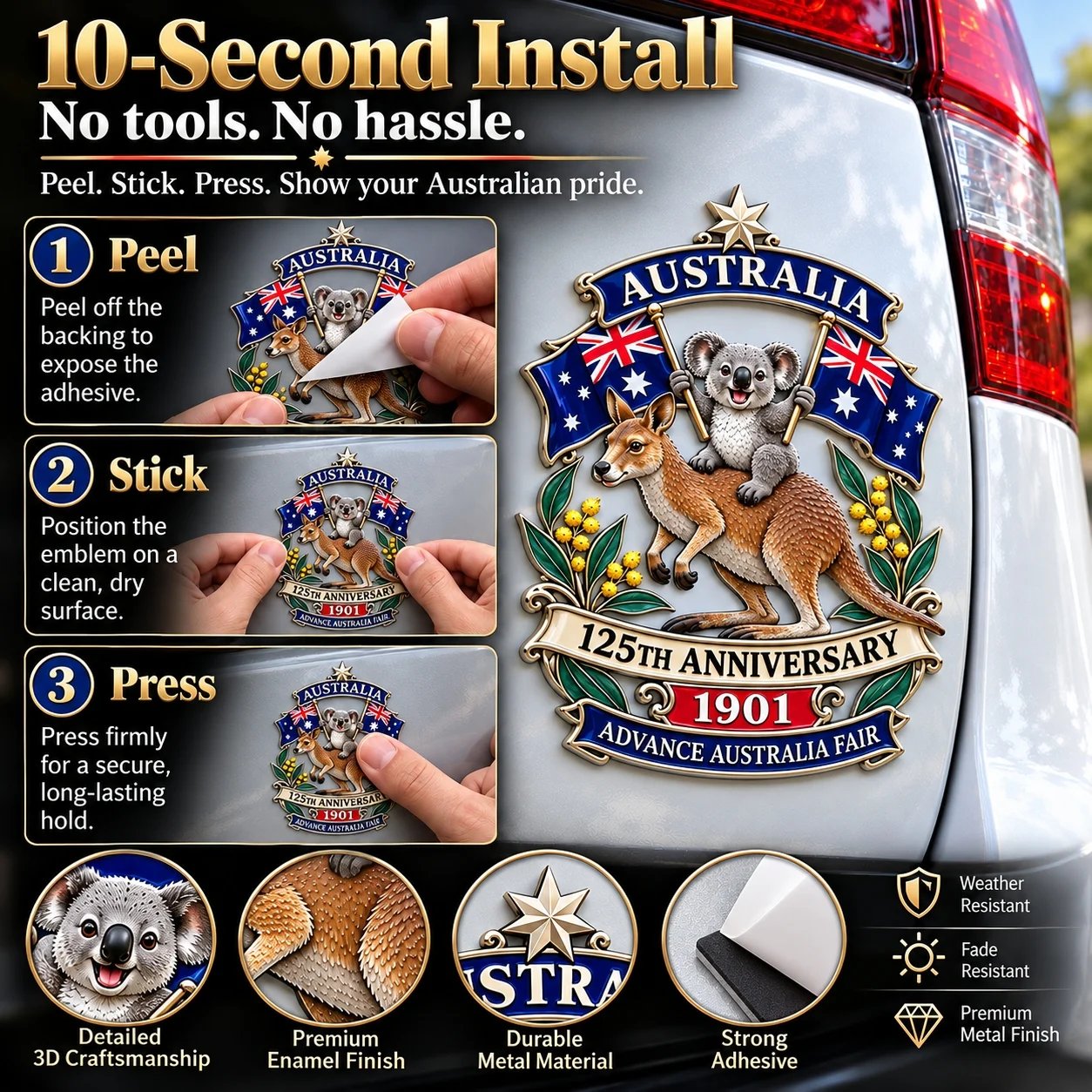 Three-step adhesive emblem installation guide
