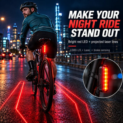 🚨 LED Bicycle Rear Light with Brake Flash | Laser Safety Zone, 22h Long Battery Life