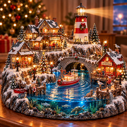 🎄⚓ Harborlight Christmas™ – Magical Lighted Coastal Village with Lighthouse, Fishing Boat & Underwater Wonderland ✨🌊