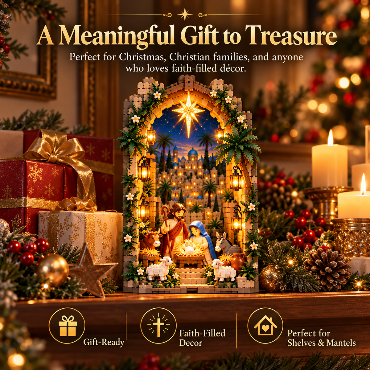 50% OFF | 📖✨ Lighted Bethlehem Nativity Book Nook – Christmas Building Block Display of Faith 🎄