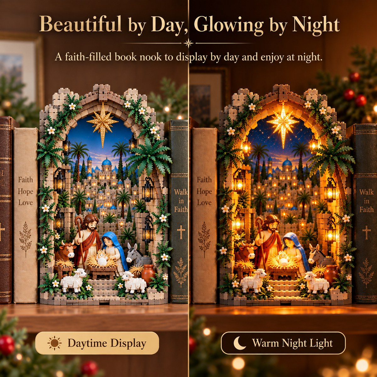 50% OFF | 📖✨ Lighted Bethlehem Nativity Book Nook – Christmas Building Block Display of Faith 🎄