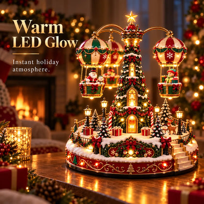 Magical Christmas Hot Air Balloon Musical Carousel™️ – Rotating Holiday Village Centerpiece with LED Lights & Flying Santa 🎄✨