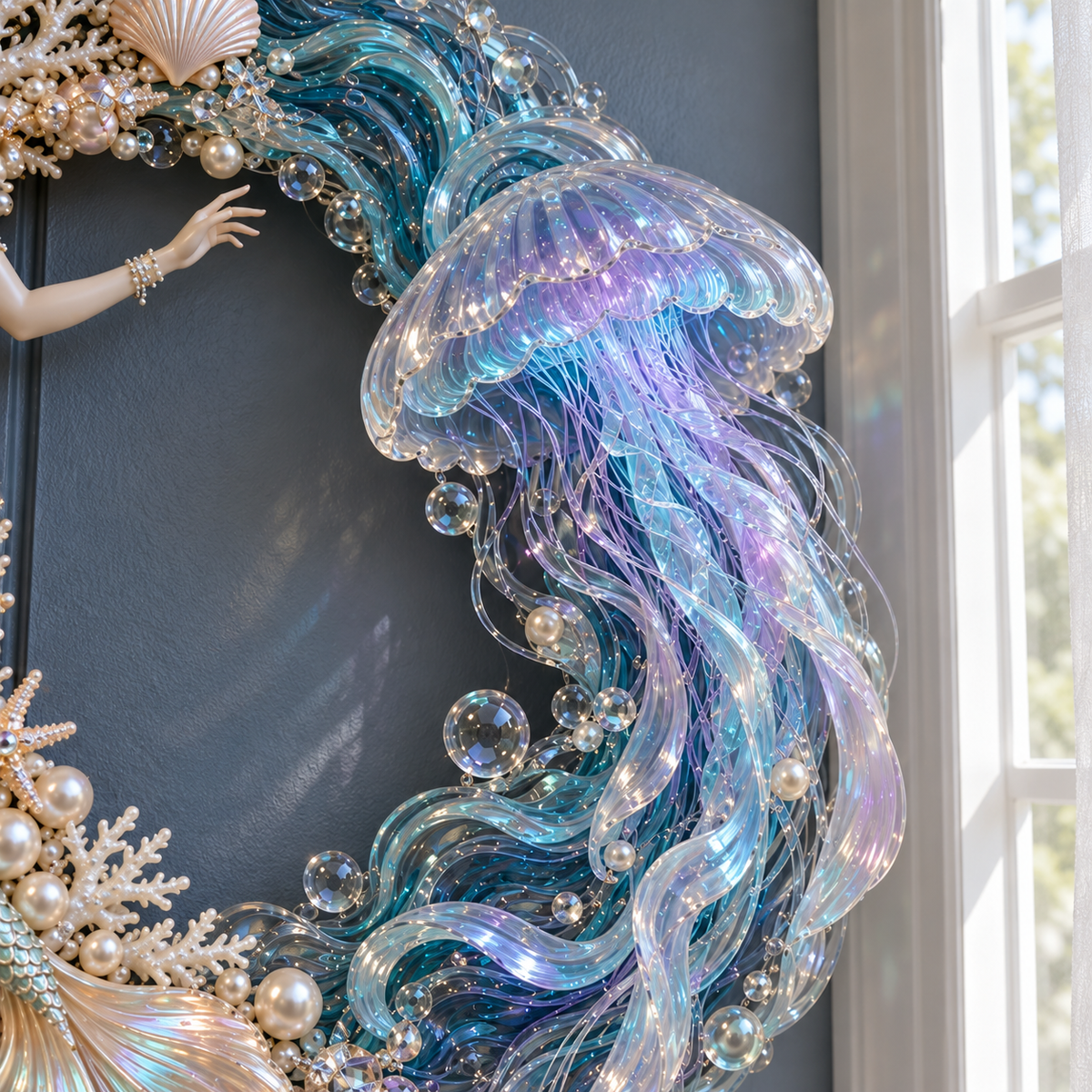 🌊🧜‍♀️ Mermaid & Jellyfish Glow Wreath – Lighted Coastal Decor