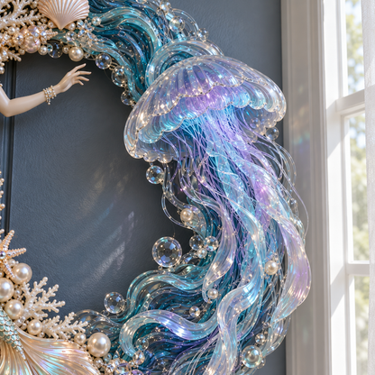 🌊🧜‍♀️ Mermaid & Jellyfish Glow Wreath – Lighted Coastal Decor
