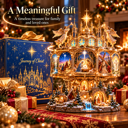 ✝️✨ Journey of Faith™ – 360° Rotating Lighted Bible Story Nativity Display with Angelic Cathedral & Sacred Scenes