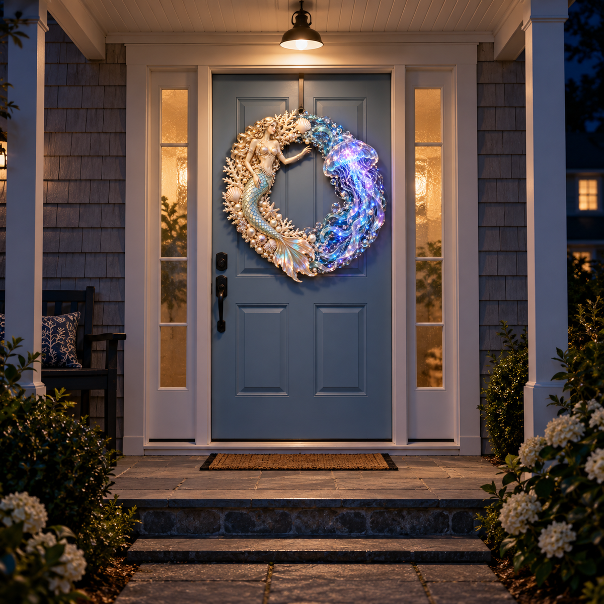 🌊🧜‍♀️ Mermaid & Jellyfish Glow Wreath – Lighted Coastal Decor