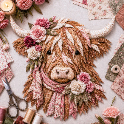 🐮💐 Blooming Highland™ | Birth Flower 3D Fabric Art DIY Kit – Beginner Friendly