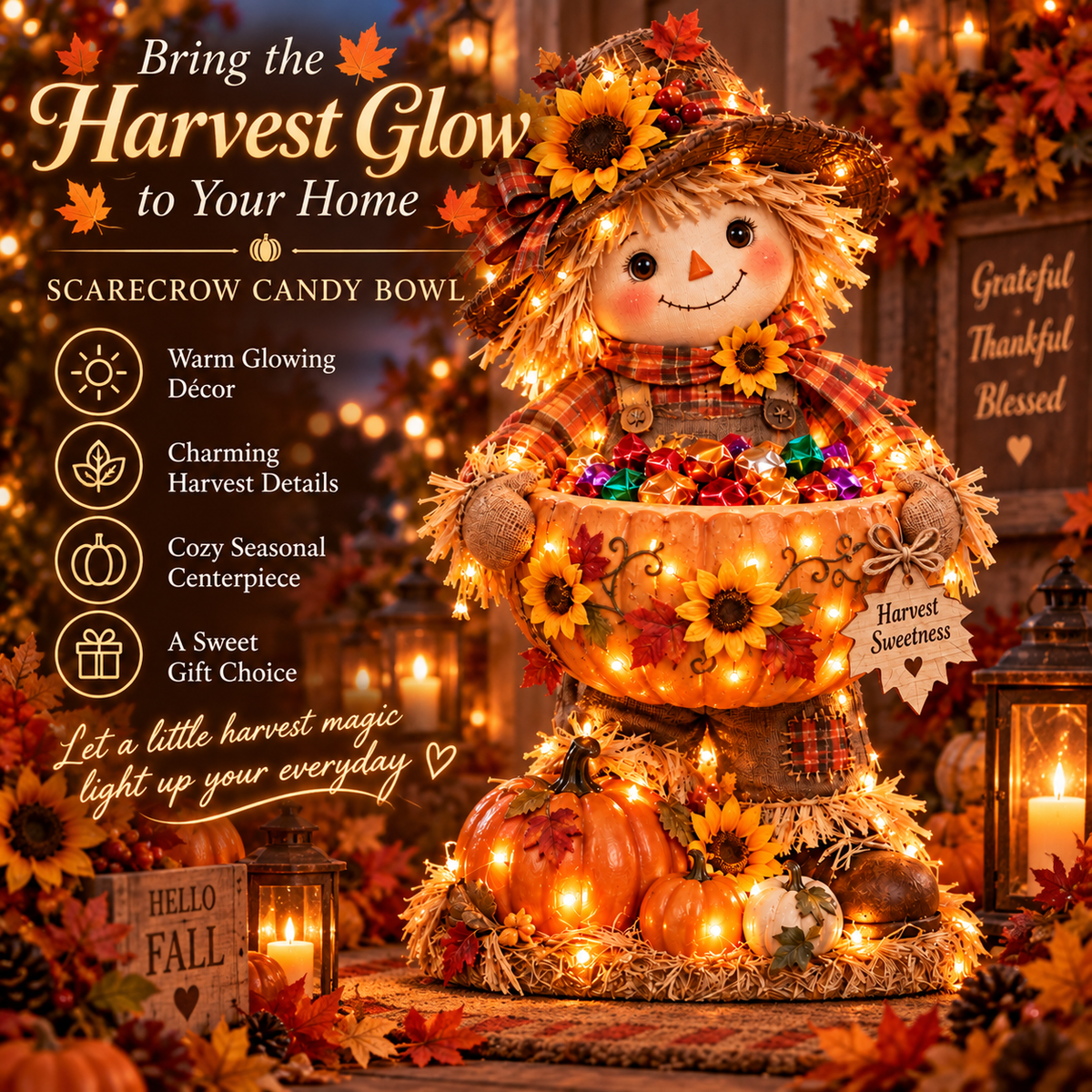 Lighted scarecrow holding a harvest candy bowl