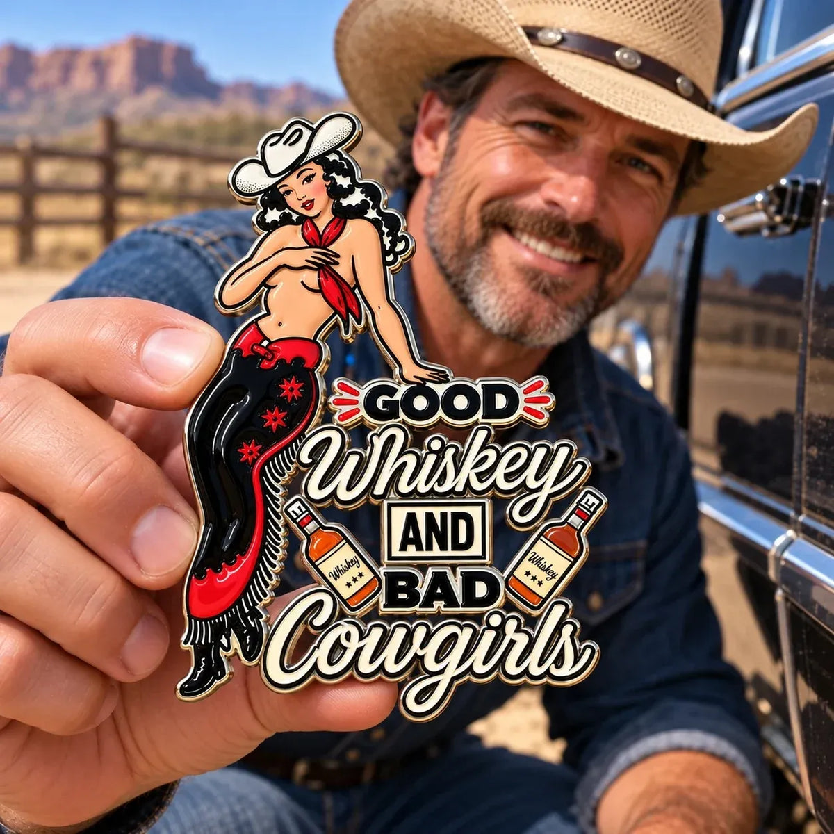 🤠 Whiskey & Wild Cowgirls | Rustic Western Car Badge