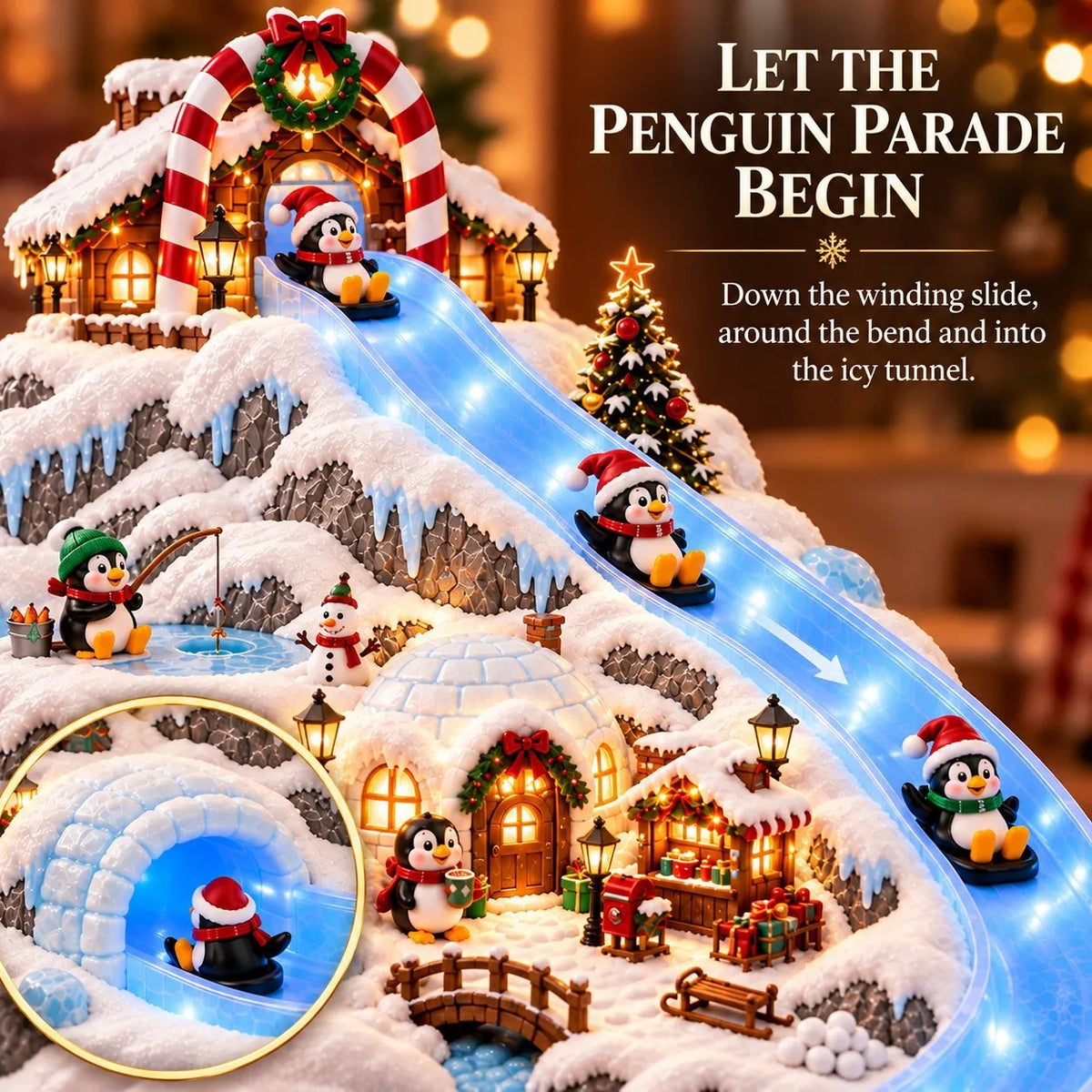 🐧❄️ Village de toboggans de Noël des pingouins – Pingouins animés et féerie hivernale illuminée 🎄✨