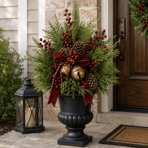 🎄🔔 Evergreen Bell Glow™ | 24" Pre-Lit Christmas Urn Filler with Berries & Pinecones