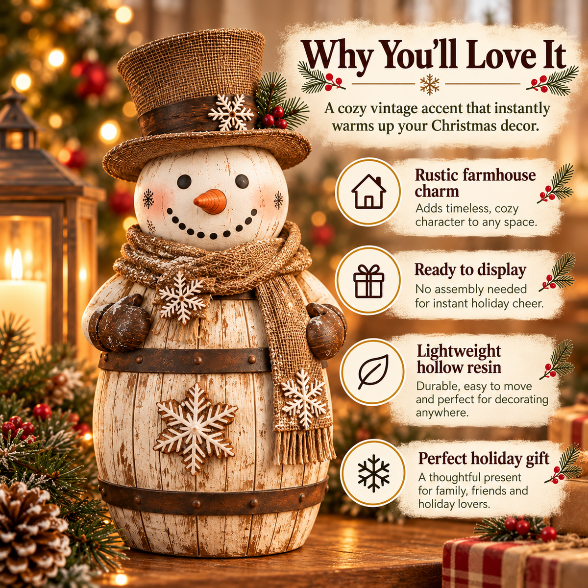 ☃️🎄 Frosted Barrel Snowman™ | Vintage Christmas Figurine