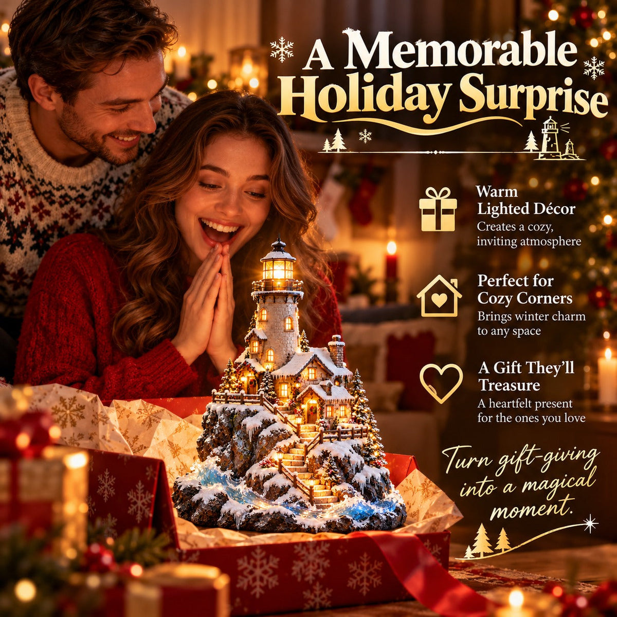 ✨ Winter Lighthouse Cottage Village™ – Lighted Coastal Christmas Decor ❄️