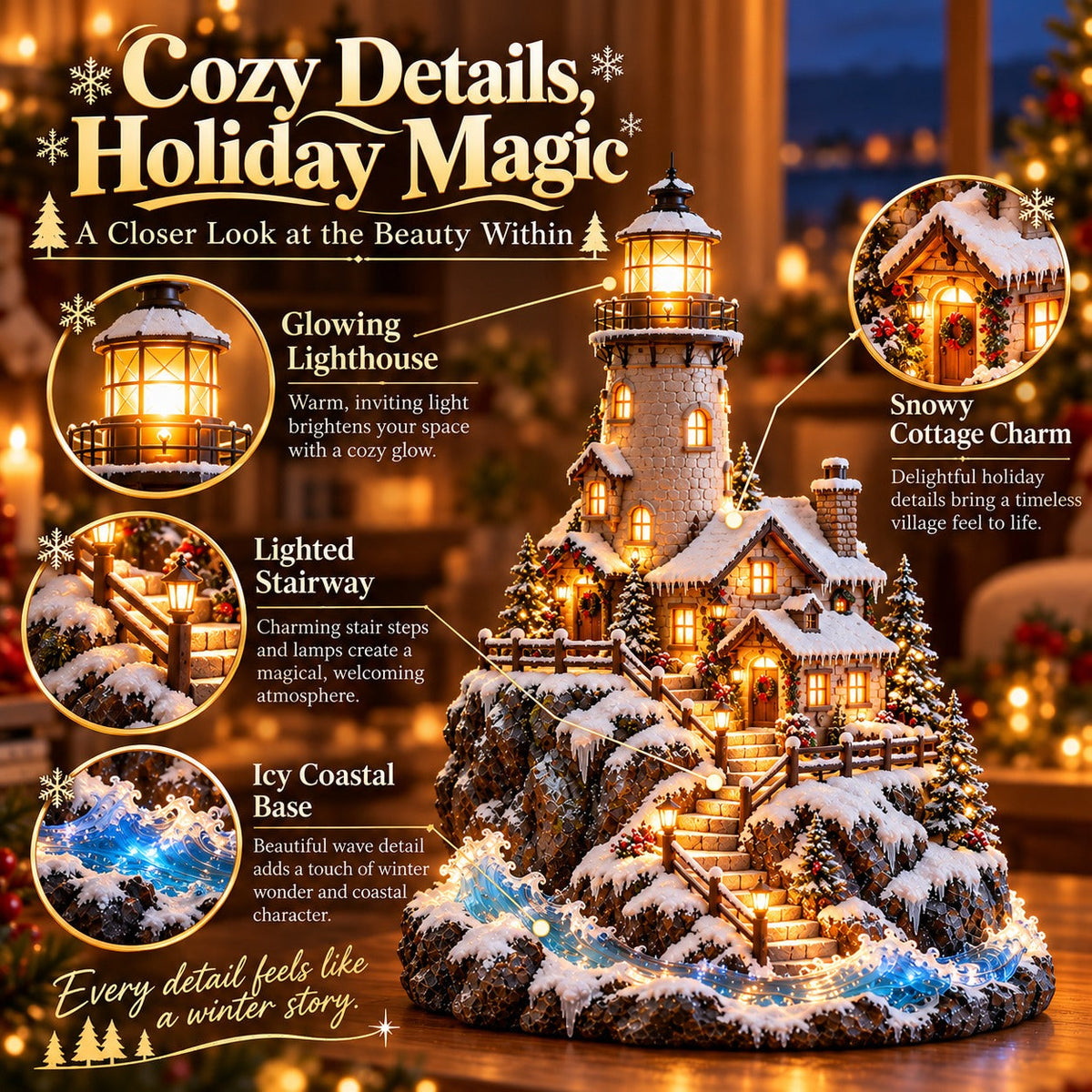 ✨ Winter Lighthouse Cottage Village™ – Lighted Coastal Christmas Decor ❄️