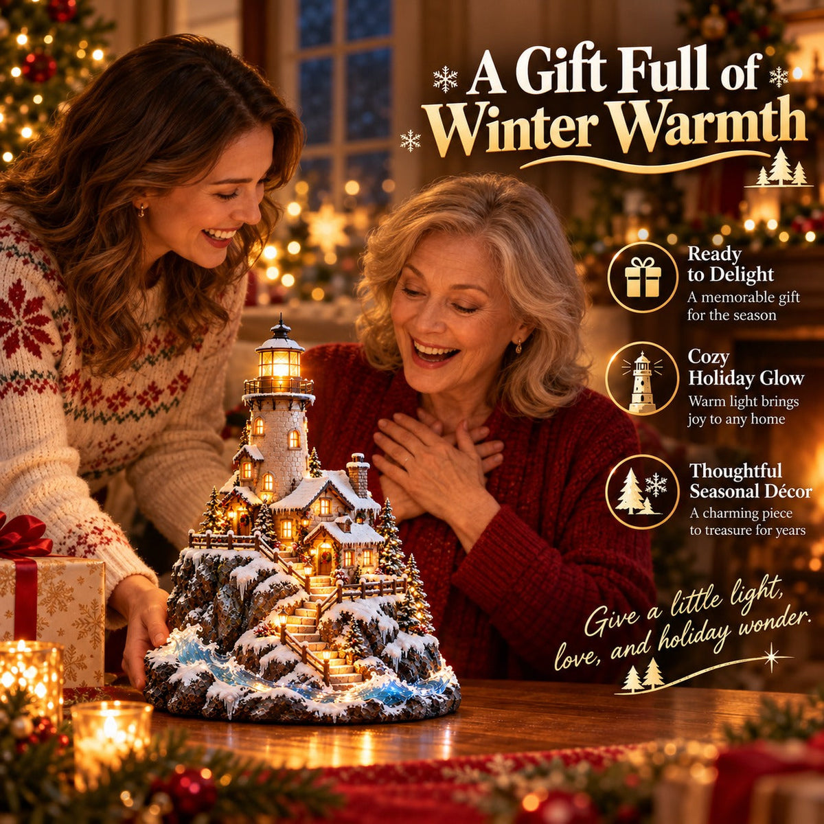 ✨ Winter Lighthouse Cottage Village™ – Lighted Coastal Christmas Decor ❄️