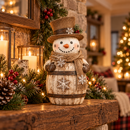 ☃️🎄 Frosted Barrel Snowman™ | Vintage Christmas Figurine