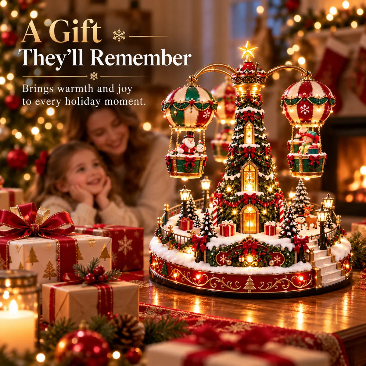 Magical Christmas Hot Air Balloon Musical Carousel™️ – Rotating Holiday Village Centerpiece with LED Lights & Flying Santa 🎄✨