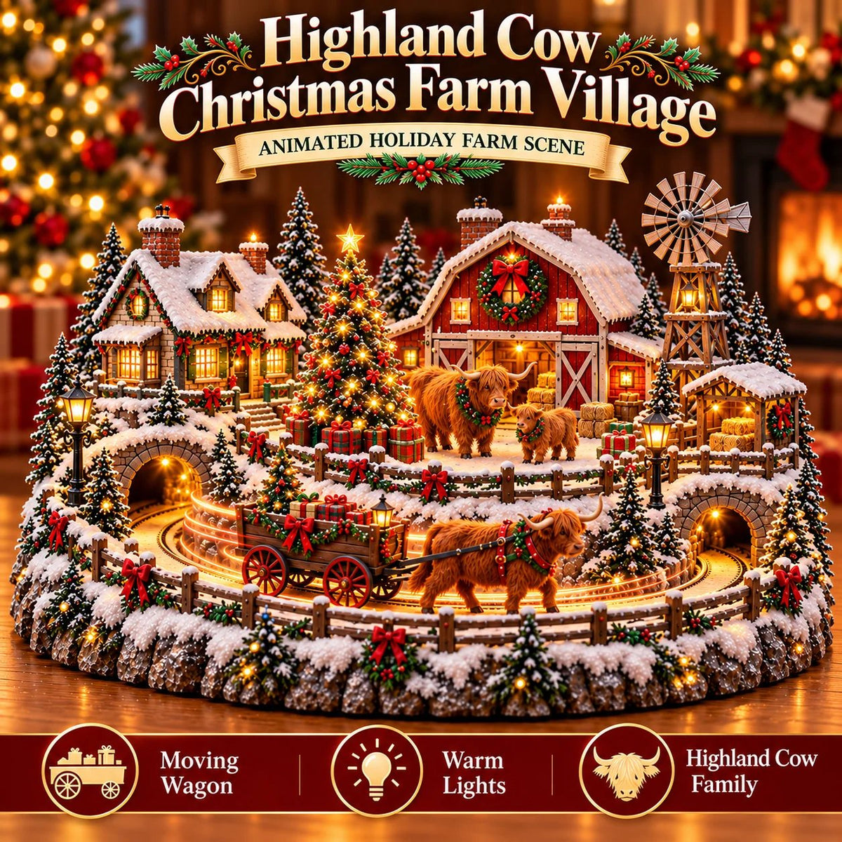 ✨🐮 Lighted Highland Cow Farm Village — Holiday Decor with Warm Lighting
