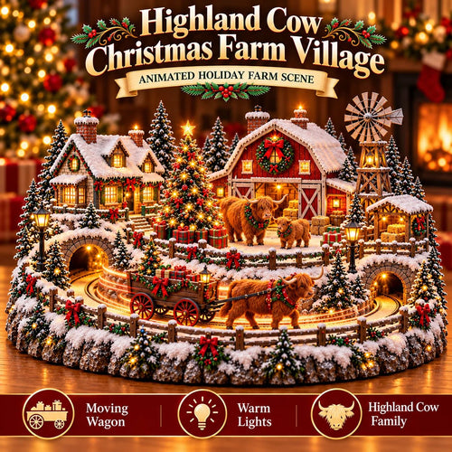 ✨🐮 Lighted Highland Cow Farm Village — Holiday Decor with Warm Lighting