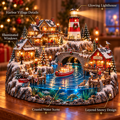 🎄⚓ Harborlight Christmas™ – Magical Lighted Coastal Village with Lighthouse, Fishing Boat & Underwater Wonderland ✨🌊