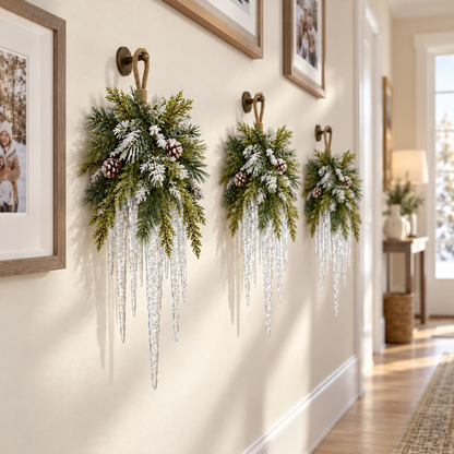 🌲❄️ Frosted Evergreen Icicle Swag – Warm LED Holiday Decor