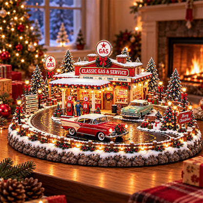 🚗🎄⛽ Christmas at the Gas Station– Lighted Vintage American Gas Station with Classic Cars