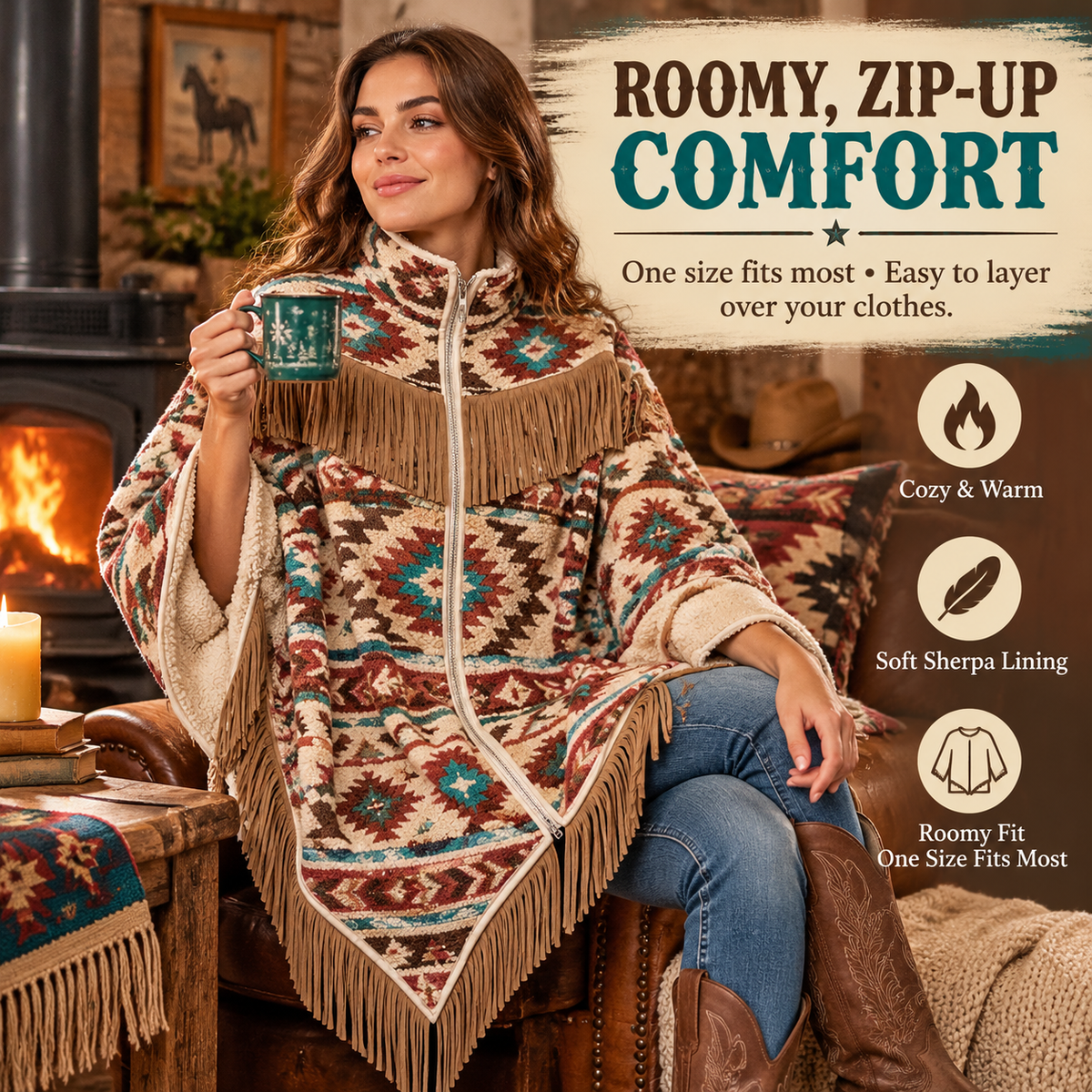 🤠🔥 Cozy Rodeo Wrap™ | 3-Heat USB Heated Fringe Poncho