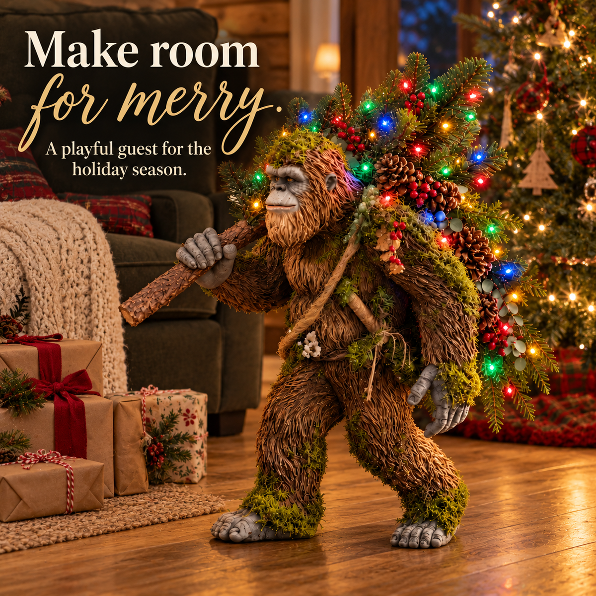 🎄 👣 Woodland Bigfoot Christmas Decor – Carrying a Lighted Tree