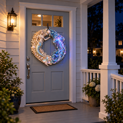 🌊🧜‍♀️ Mermaid & Jellyfish Glow Wreath – Lighted Coastal Decor