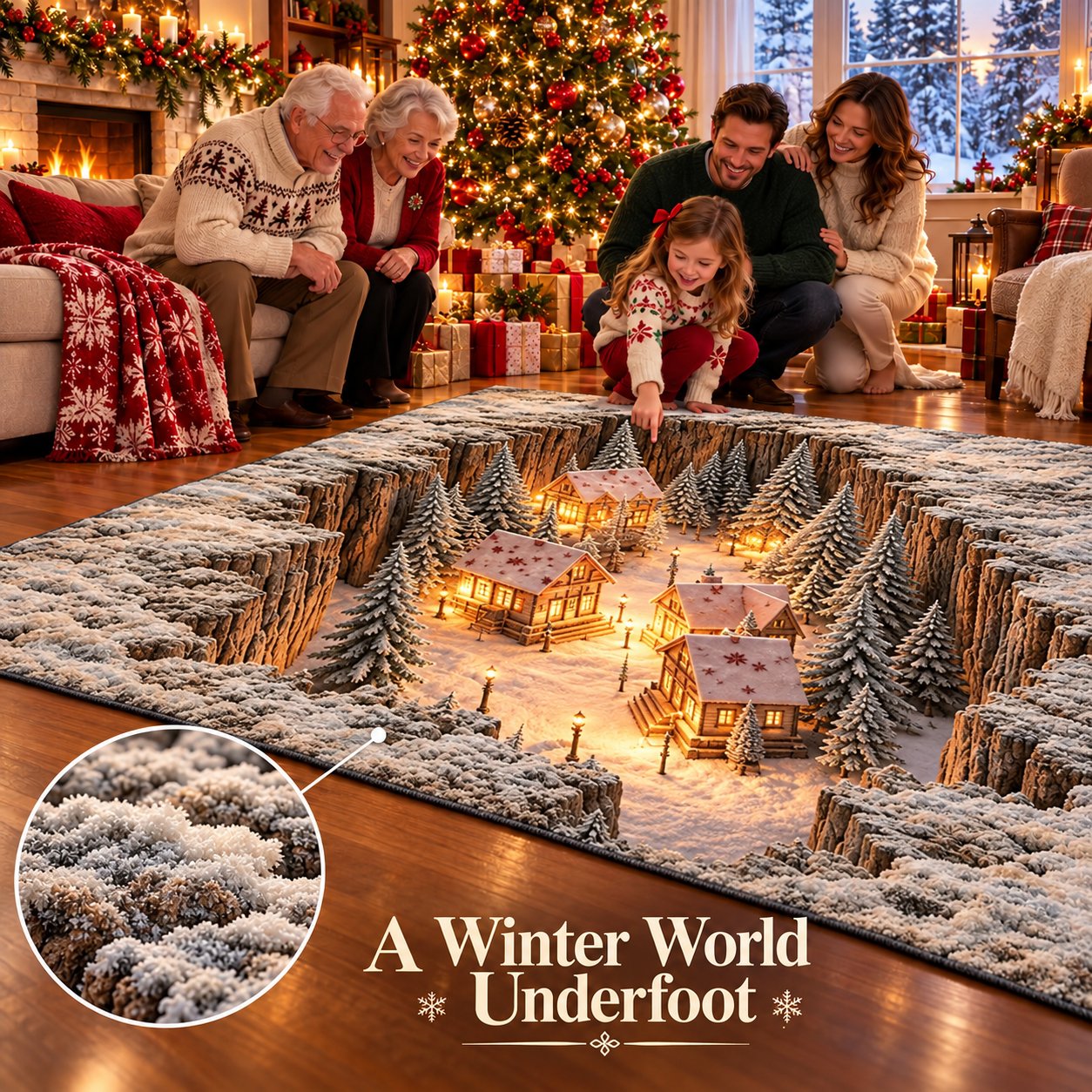 Family admiring the Christmas optical illusion rug